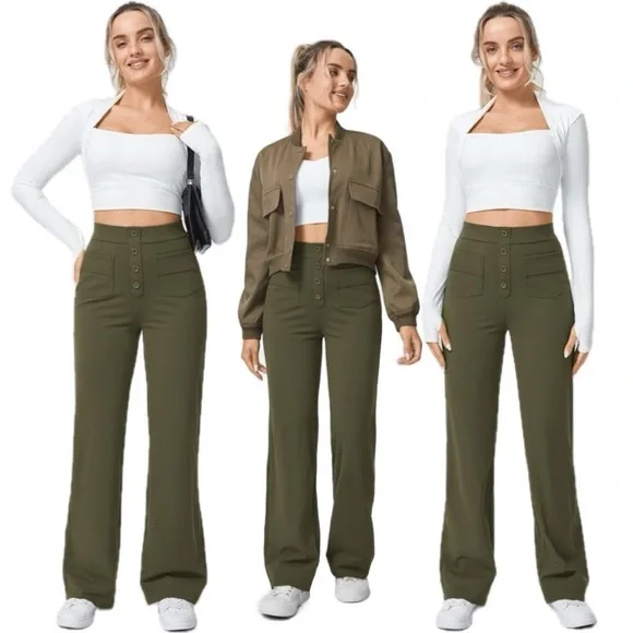 HALARA High Waisted Button Straight Leg Casual Pants In Forest Night Sz M - Picture 2 of 8